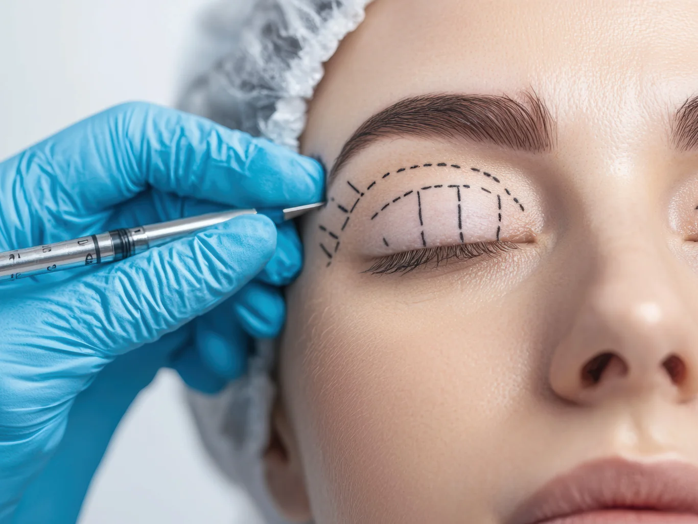close up of a patients eye with dashed surgical lines drawn on the upper eyelid