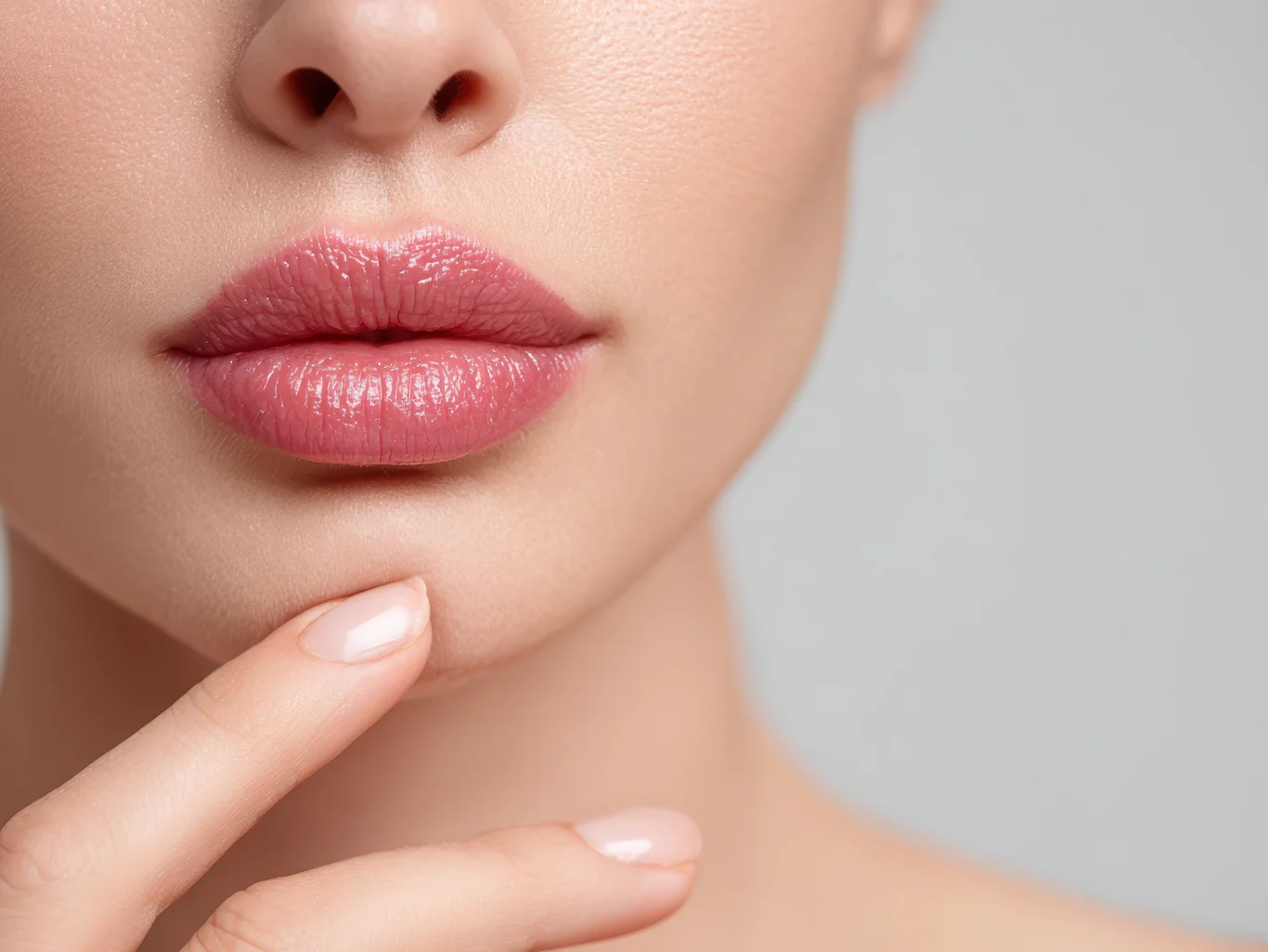 A close up shot focusing on a womans full hydrated lips with a natural pink tint